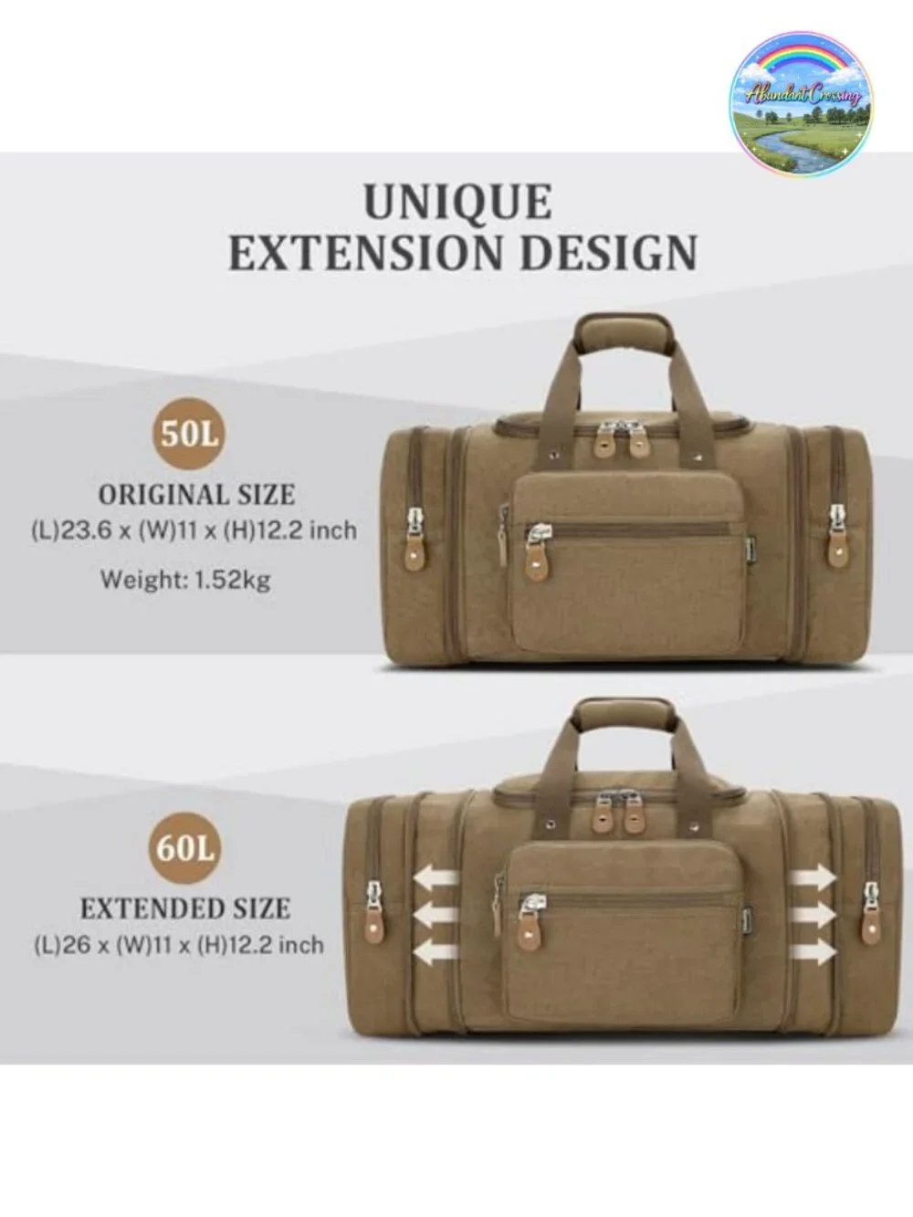 Expandable Canvas Travel Duffel Bag 60L Weekender Carry-On Multi-Pocket